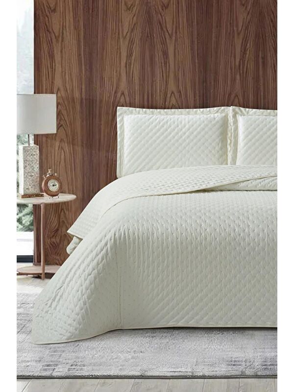 Çeyiz Diyarı Parma Çift Kişilik Lüks Kadife 240x260 cm Yatak Örtüsü Krem