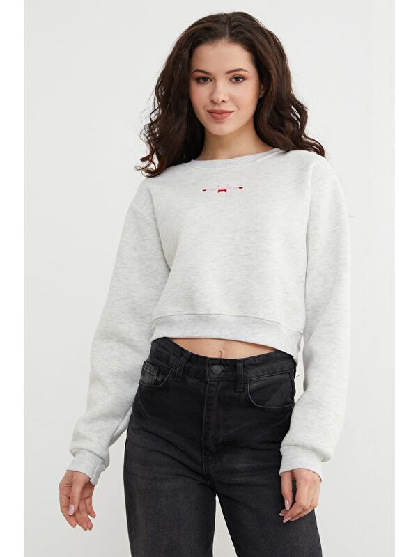 Fullamoda 3 İplik Ayıcık Nakışlı Crop Sweatshirt