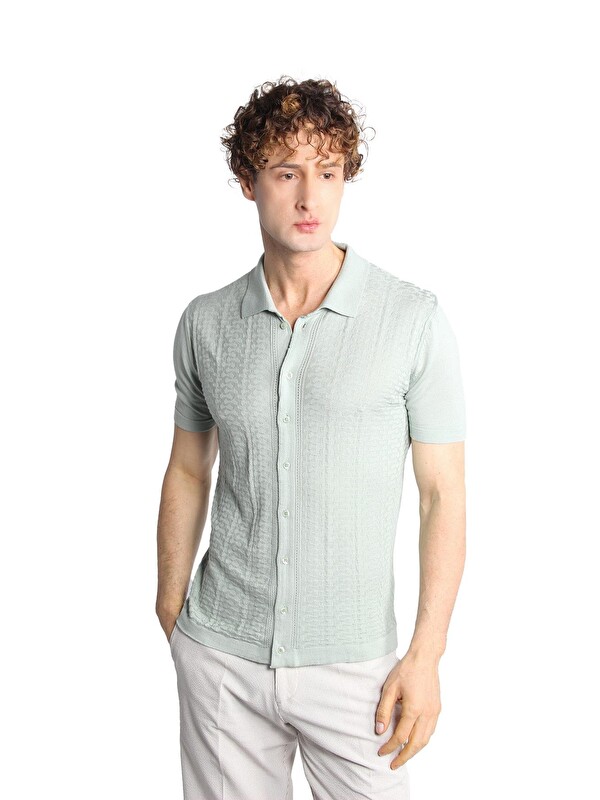 igs Açık Yeşil Slim Fit Dar Kalıp Düğmeli Polo Yaka Desenli Kısa Kollu Triko Tişört