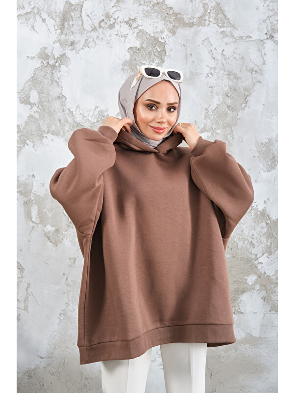 Locco Moda Kadın Kapüşonlu Sweat Açık Kahve