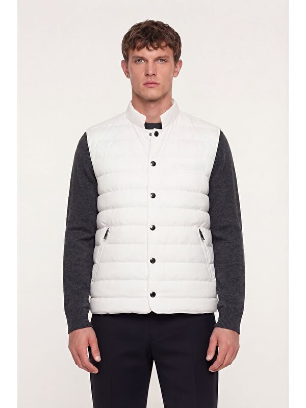 Sabri Özel Giotelli Erkek Beyaz Dar Kesim Slim Fit Dokuma 6 Drop Bomber Yelek