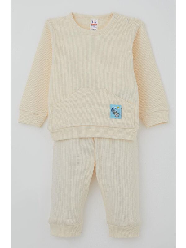 Breeze Erkek Bebek Pijama Takımı Omuzdan Patlı Kanguru Cepli Sevimli Fil Armalı Krem (4 Ay-1 Yaş)