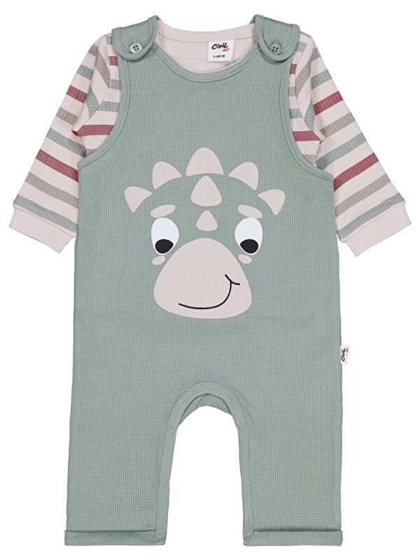 Civil Baby Çizgili Dinozor Baskılı 6-18 Ay Salopet - Yeşil 12-18 Ay