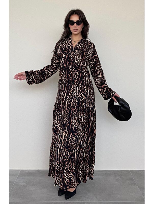 Madmext Siyah Leopar Desenli Düğmeli Kadın Elbise Mg2399