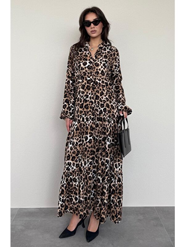 Madmext Kahverengi Leopar Desenli Düğmeli Kadın Elbise Mg2399