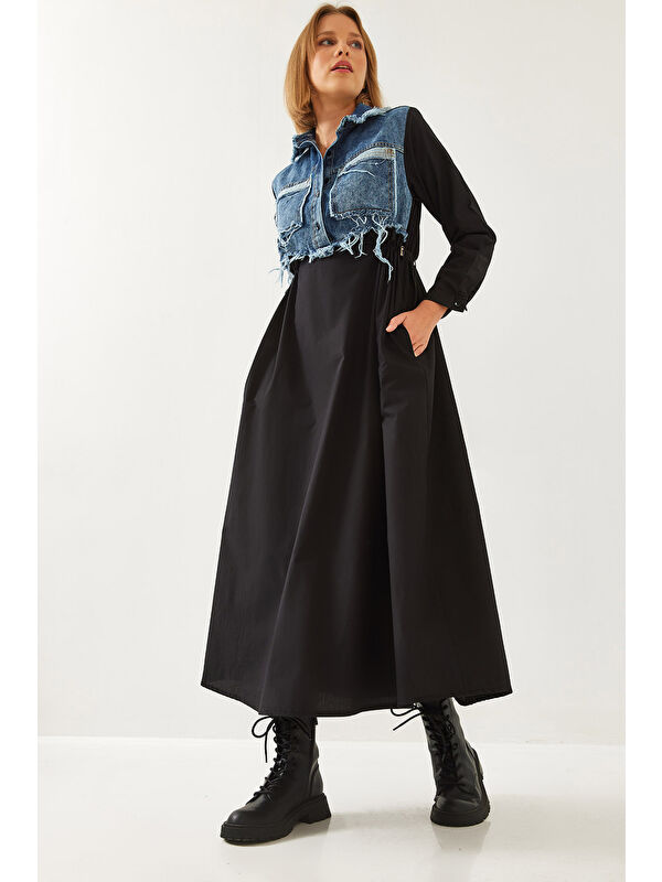 SHADE Kadın Denim Garnili Uzun Kloş Elbise