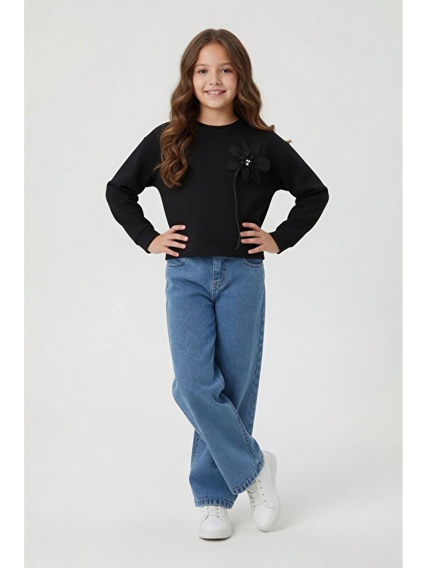 Cansın Mini Siyah Çiçek İşlemeli Badili Jean Pantolonlu Kız Çocuk 2li Takım 24158