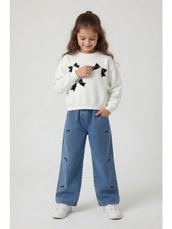 Cansın Mini Ekru Taşlı Fiyonk Desenli Badili Jean Pantolonlu Kız Çocuk Alt Üst Takım 24157