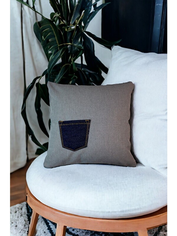 Asdiva Jean Kumaştan Cep Detaylı 43x43 Dekoratif Kırlent Kılıfı Gri Denim Modern
