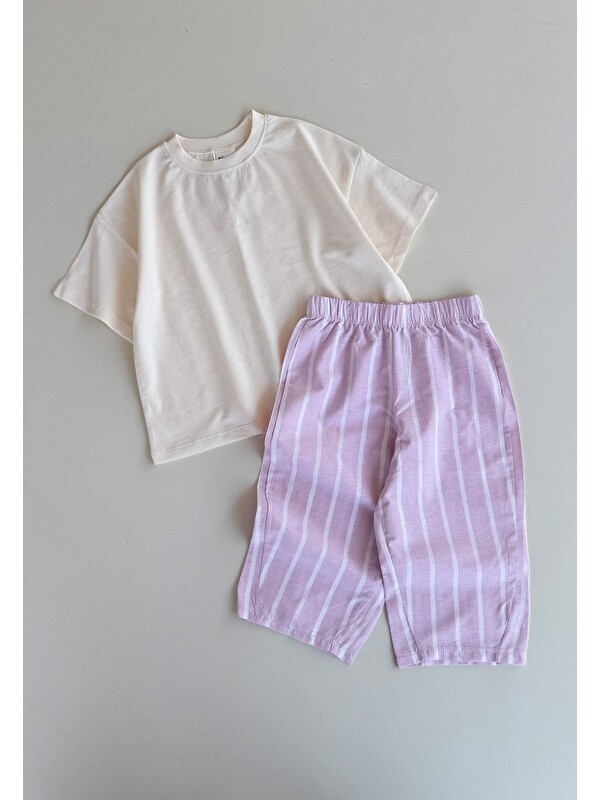 CİGİT Oversize T-Shirt Takım 2-10 Yaş Ekru