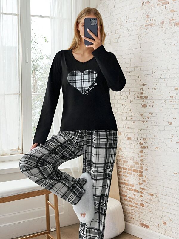 carla10 Ekose Desen Alt Kalp Baskılı Pijama Takımı