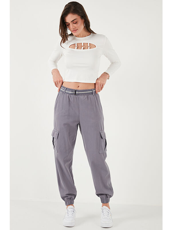 Lela Pamuklu Standart Fit Normal Bel Lastikli Paça Kemerli Jogger Kadın Pantolon 668Yp5045