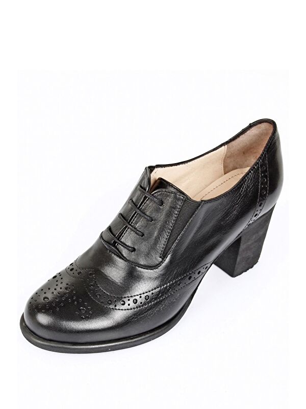 SİYAH Hakiki Deri Yuvarlak Burun Kalın Orta Topuklu Kauçuk Taban Bağcıklı Kadın Ayakkabı 24040 - Görsel 9