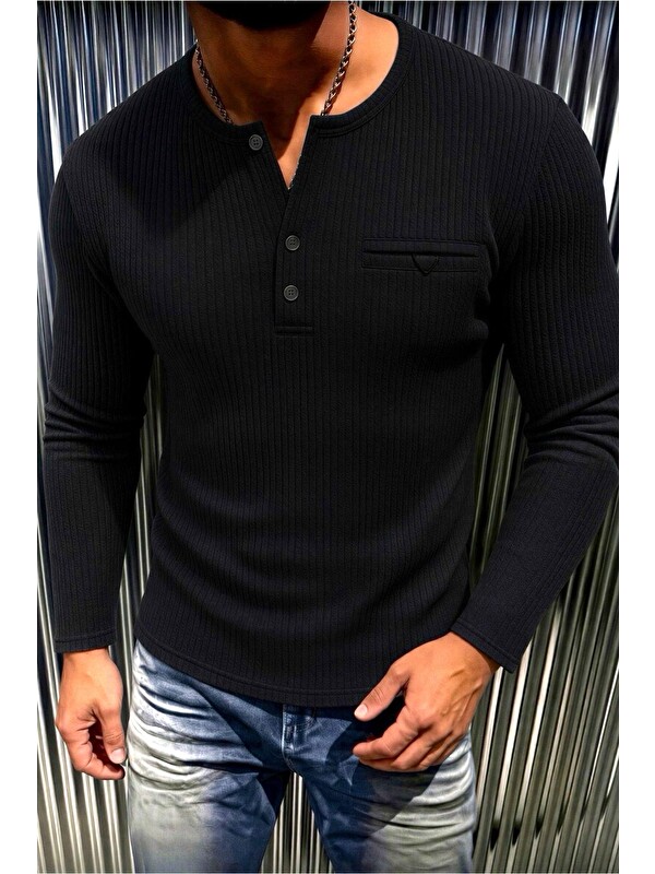 Oksit Fer Erkek Düğme ve Gizli Cep Görünümlü Slim Fit Henley Yaka Uzun Kollu T-shirt
