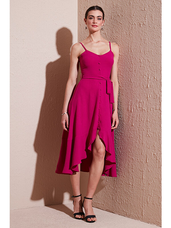 Lela Kemer Ve Düğme Detaylı Volanlı Regular Fit Midi Boy Kadın Elbise 67810145