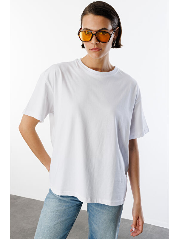 Genius Store Kadın %100 Organik Pamuklu Kalın Dokulu Oversize Fit Yuvarlak Yakalı T-shirt KADIN-OVERSIZE-T-SHIRT