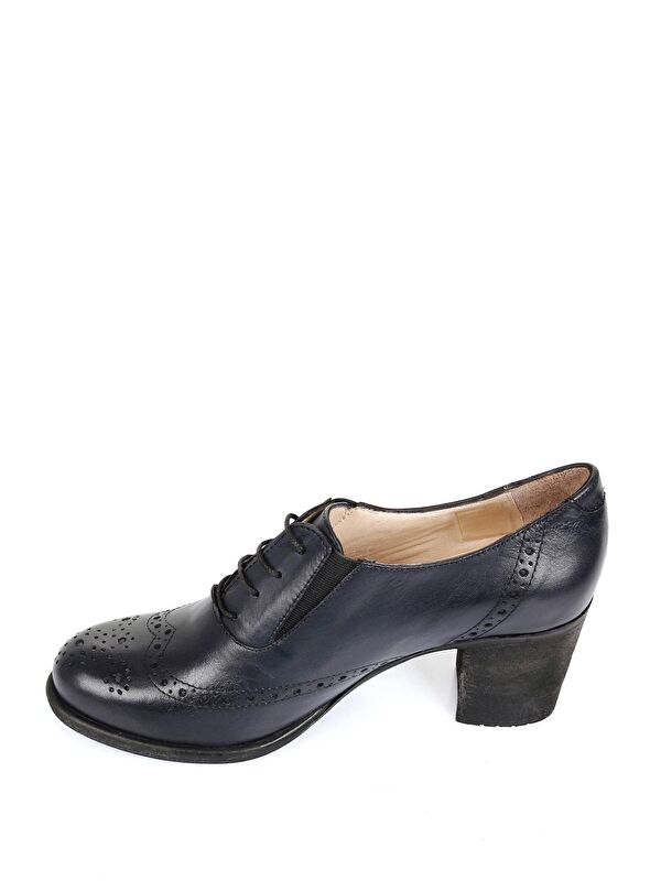LACİVERT Hakiki Deri Yuvarlak Burun Kalın Orta Topuklu Kauçuk Taban Bağcıklı Kadın Ayakkabı 24040 - Görsel 7