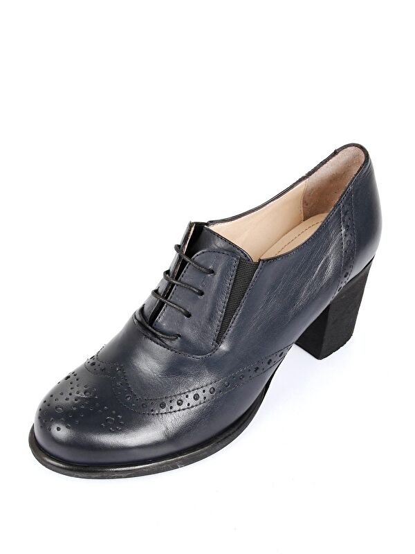 LACİVERT Hakiki Deri Yuvarlak Burun Kalın Orta Topuklu Kauçuk Taban Bağcıklı Kadın Ayakkabı 24040 - Görsel 9