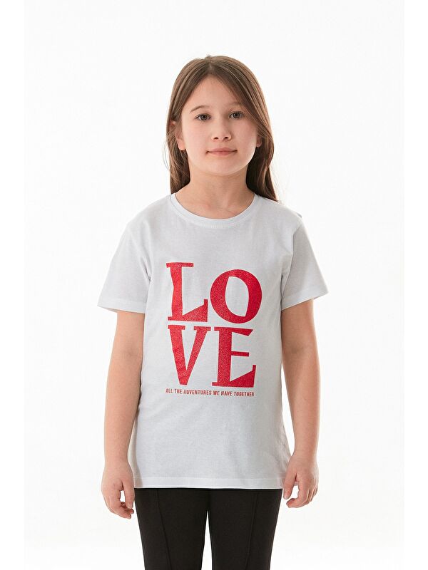 Fullamoda %100 Pamuk Simli Love Yazı Baskılı Kız Çocuk Tişört