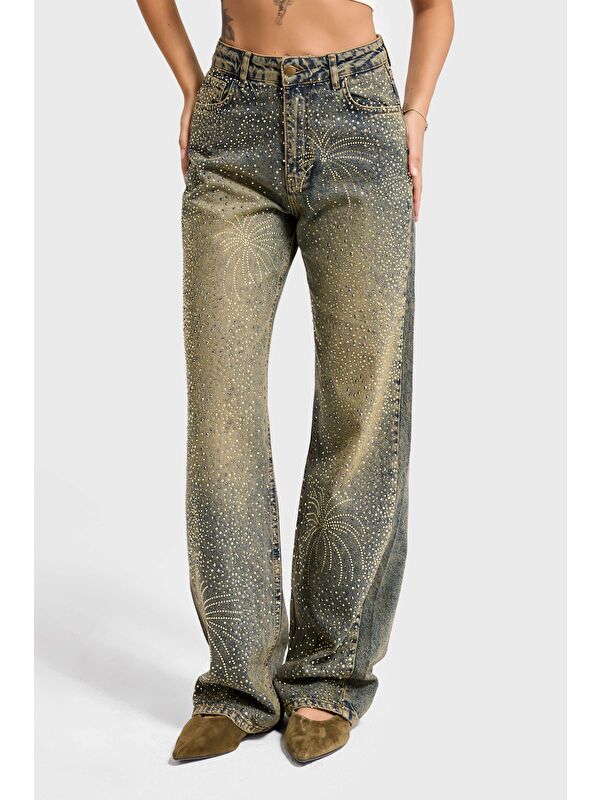 It's Basic Kadın T.Kot Rengi T-4w5-11 Straight Fit Yüksek Bel Parlak Taşlı Özel Tasarım Denim Jean