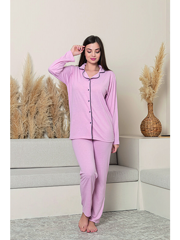 Formo Kadın Pudra %100 Pamuk Biyeli Yüksek Kaliteli Gömlek Yaka Düğmeli Uzun Kollu Pijama Takımı
