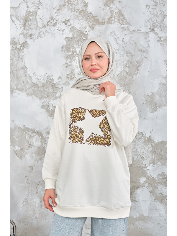 Locco Moda Kadın Yıldız Baskılı Sweat Beyaz