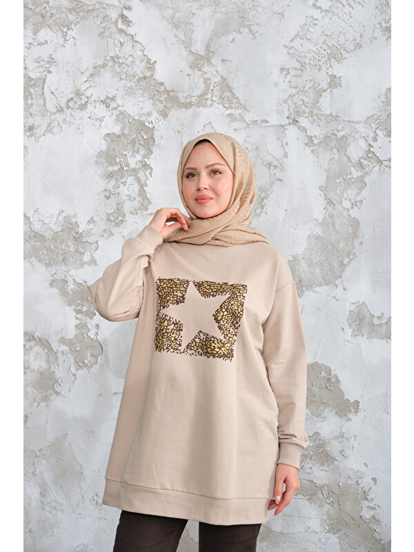 Locco Moda Kadın Yıldız Baskılı Sweat Taş