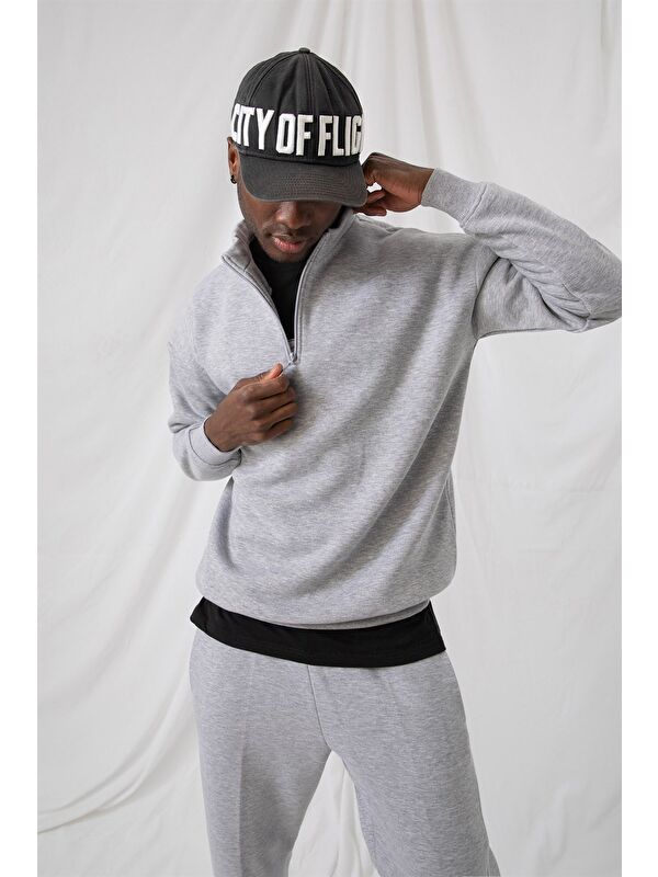 gothamVibes Erkek Gri Fermuarlı Oversize Sweatshirt