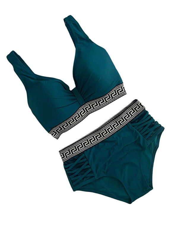 Hazelin Kadın Yeşil Yüksek Bel Yanları Şerit Detaylı Desenli Lastikli Destekli Bikini Takımı HZL25S-LC201