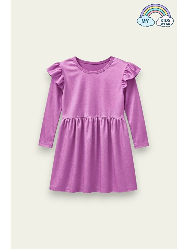 My Kids Wear Kız Çocuk Uzun Kollu Fırfır Detaylı Kadife Elbise 3-10 Yaş 12114