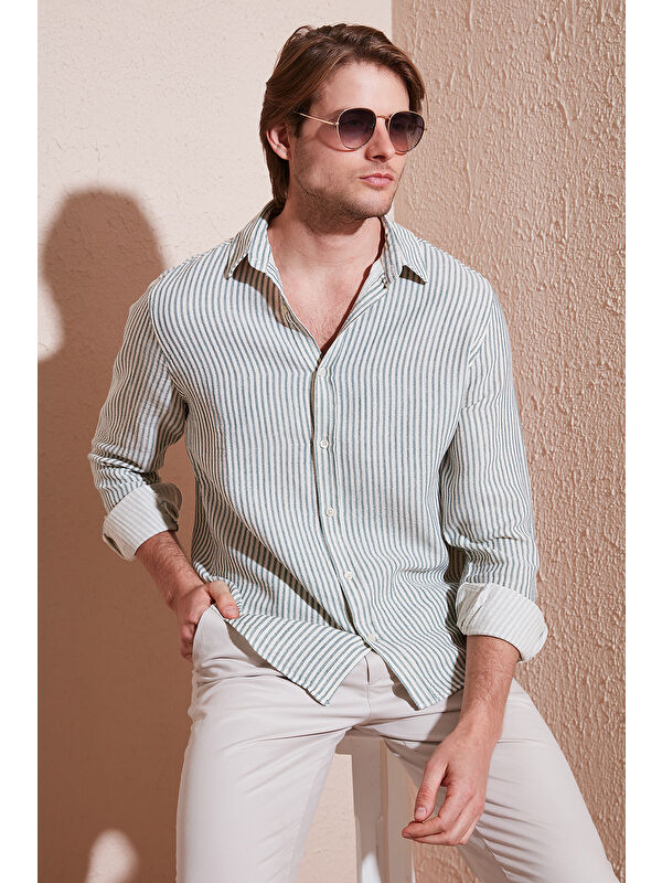 Buratti Çizgili Regular Fit Pamuklu Uzun Kollu Erkek %100 Pamuk Gömlek CF25S129721