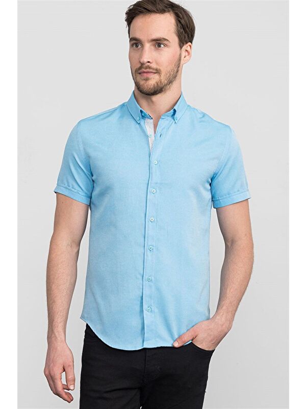 TUDORS Slim Fit Kısa Kollu Poplin Oxford Erkek Mavi Gömlek