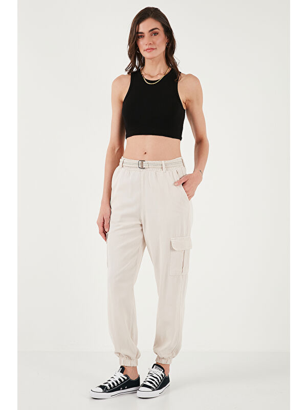 Lela Pamuklu Standart Fit Normal Bel Lastikli Paça Kemerli Jogger Kadın Pantolon 668Yp5045