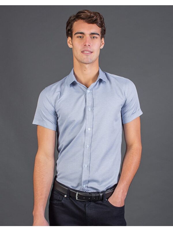 TUDORS Modern Slim Fit Kısa Kollu Armürlü Erkek Mavi Gömlek
