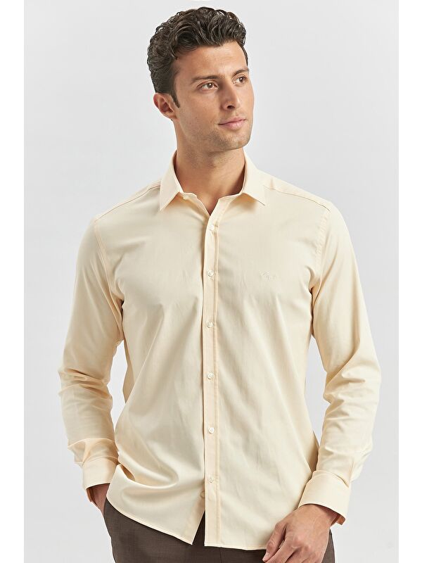 İMZA Açık Bej Uzun Kol Düz Bez Ayağı 032 Sert Yaka Classic Slim Fit Gömlek 1004240334