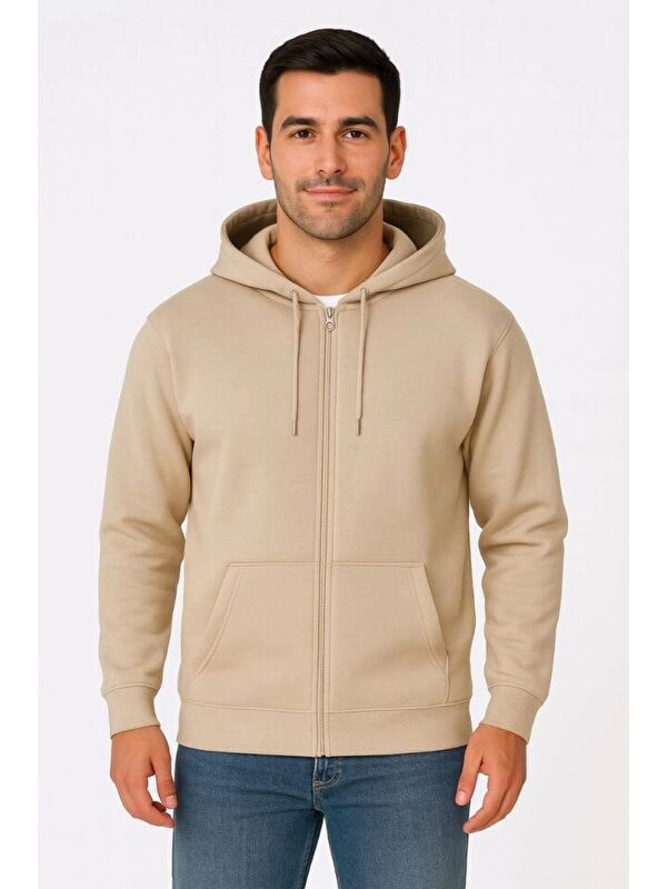 Jane's Erkek Üç İplik Kapüşonlu Tam Fermuarlı Kanguru Çepli SweatShirt Hoodie - Bej