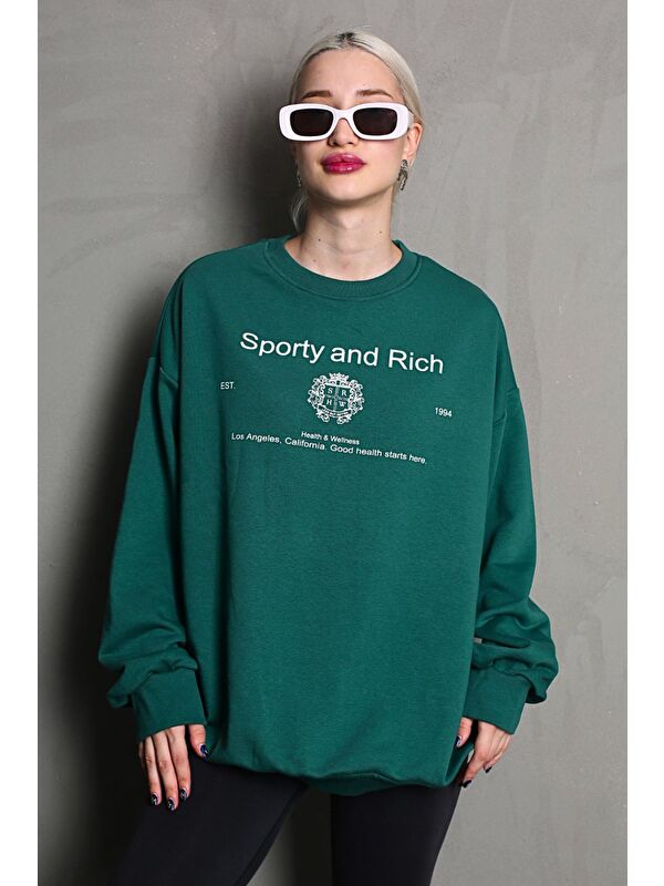 Madmext Koyu Yeşil Bisiklet Yaka Baskılı Oversize Kadın Sweatshirt Mg1577