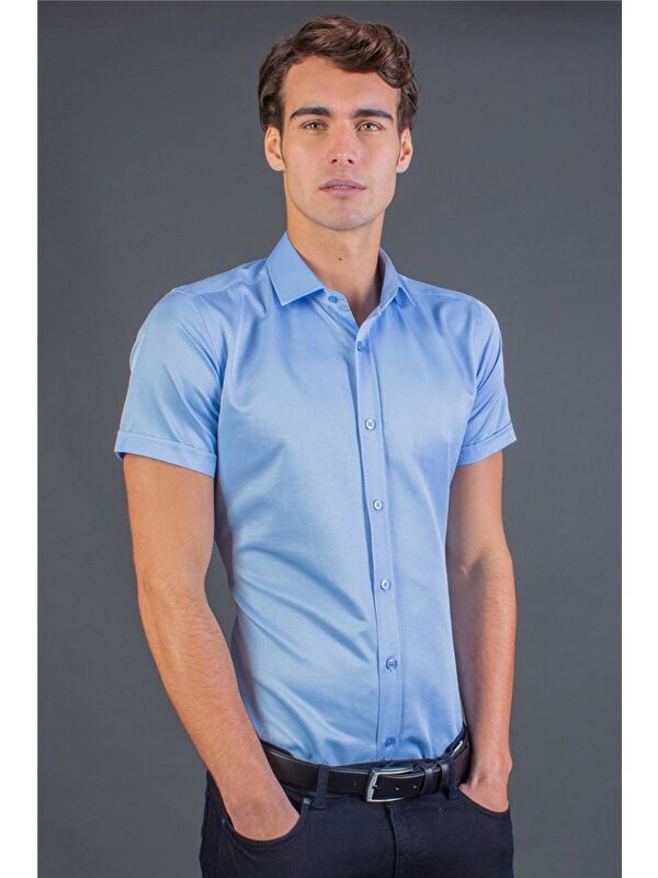 TUDORS Modern Slim Fit Kısa Kollu Düz Saten Erkek Mavi Gömlek