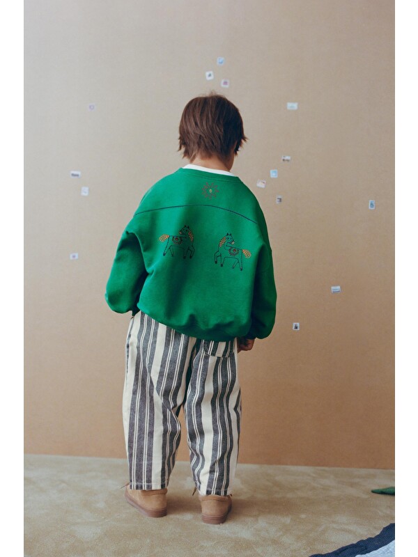 Magu Unisex Çocuk Yeşil At Nakışlı Oversize Sweatshirt Ve Çizgili Pantolon Takım