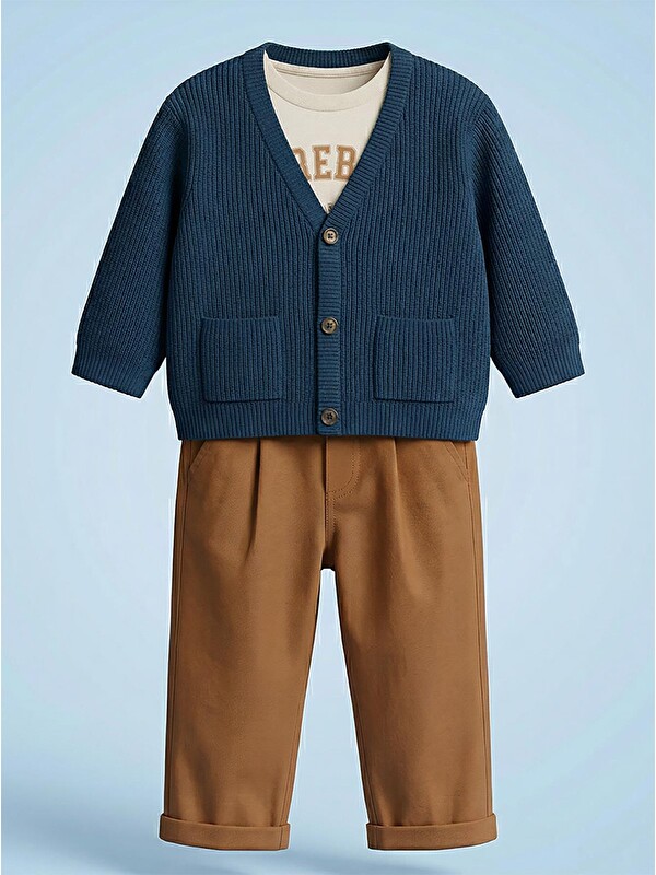 Civil Baby V Yaka Hırka 3'lü Set 6-18 Ay Takım - Yeşil