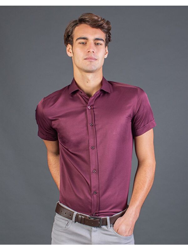 TUDORS Modern Slim Fit Kısa Kollu Düz Saten Erkek Bordo Gömlek