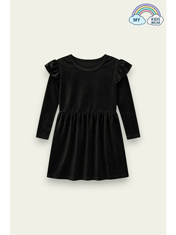My Kids Wear Kız Çocuk Uzun Kollu Fırfır Detaylı Kadife Elbise 3-10 Yaş 12112