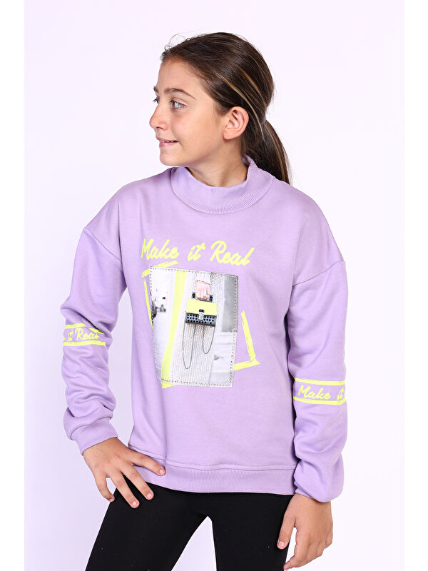 Toontoykids Kız Çocuk Baskılı Taş İşlemeli Balıkçı Yaka Sweatshirt
