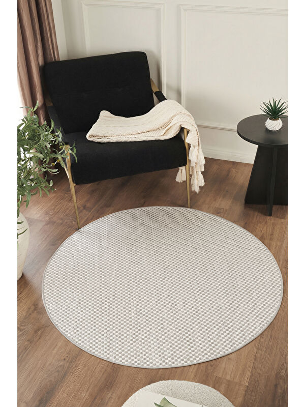 Konfor Halı Sisalux 3082 Beyaz Gri Yuvarlak Sisal Dokuma Jüt Kilim Hav Toz Vermez Mutfak Oda Halısı-80x80