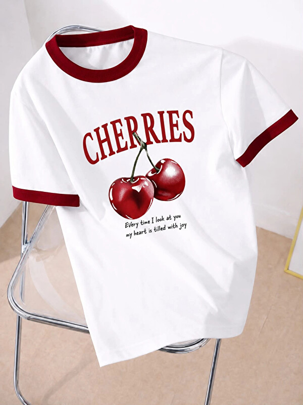 eka Kadın Beyaz Cherries Baskılı Tshirt 13878