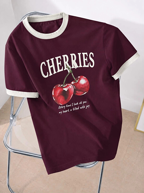 eka Kadın Vişne Cherries Baskılı Tshirt 13878