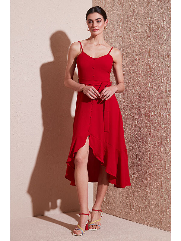 Lela Kemer Ve Düğme Detaylı Volanlı Regular Fit Midi Boy Kadın Elbise 67810145