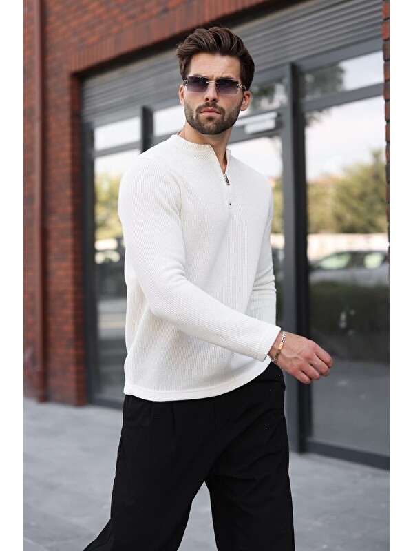 Madmext Ekru Bisiklet Yaka Fermuar Detaylı Erkek Triko Sweatshirt E7209