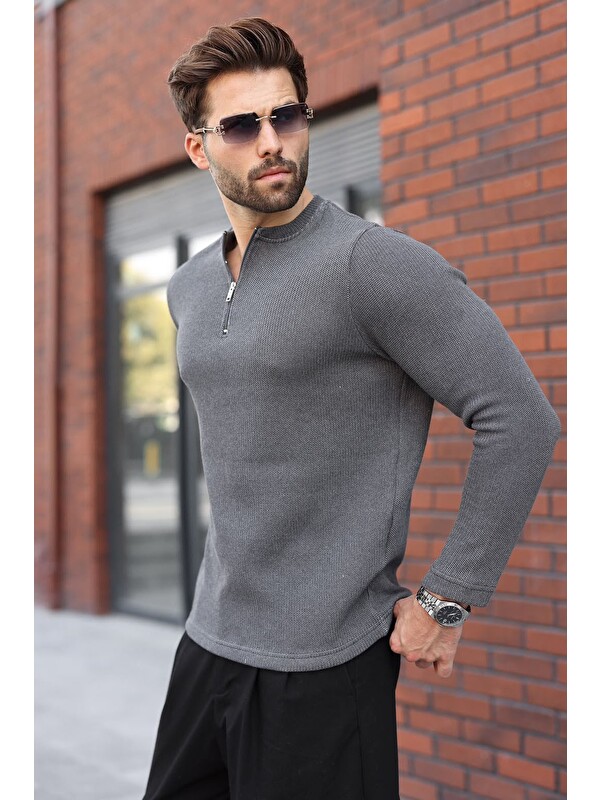 Madmext Füme Bisiklet Yaka Fermuar Detaylı Erkek Triko Sweatshirt E7209