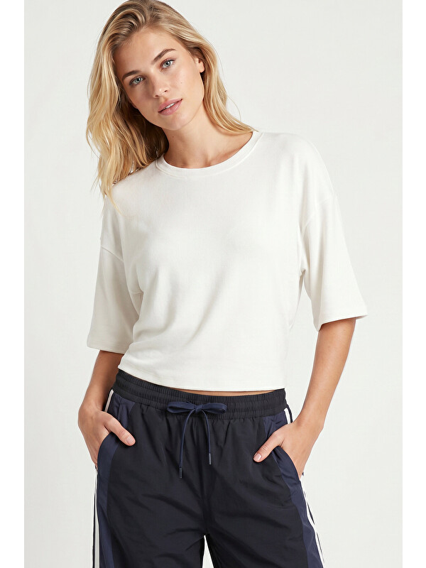 Happiness İstanbul Yarasa Kollu Basic Modal T-shirt EKRU LUB0357